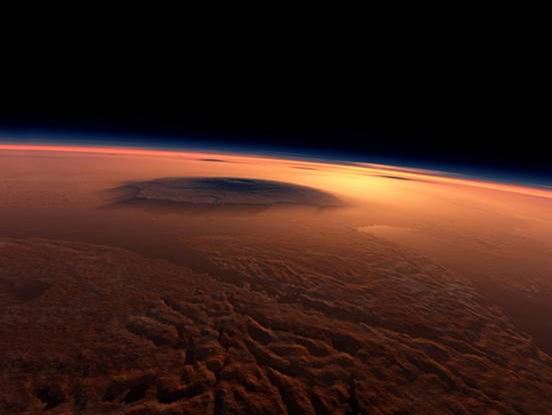 The 17 miles high Olympus Mons volcano on the surface of Mars